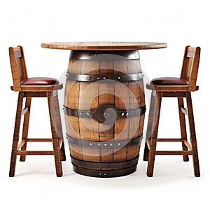 Bar Furniture. Vintage old wooden wine barrel used as a bar table with two barstools. Isolated with clipping path