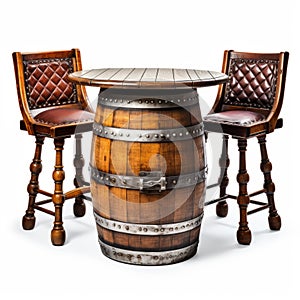 Bar Furniture. Vintage old wooden wine barrel used as a bar table with two barstools. Isolated with clipping path