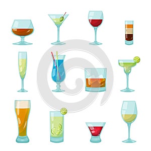 Bar glasses with drinks and coctails inside