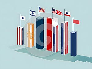 Bar graph illustrates GDP growth and decline, marked by country flags for comparison photo
