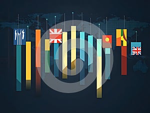 Bar graph illustrates GDP growth and decline, marked by country flags for comparison photo