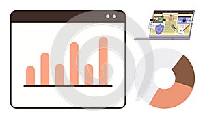 Digital data analysis with bar graph, pie chart, and laptop with project management dashboard