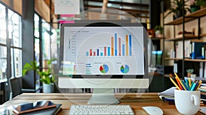 Bar graph on screen desktop computer in modern office