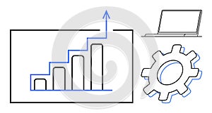 Growth Chart with Bar Graph, Laptop, and Gear Representing Business Progress and Optimization