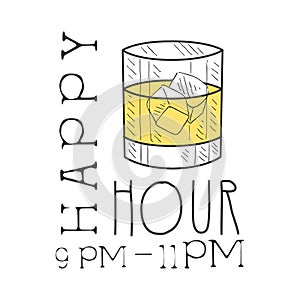 Bar Happy Hour Promotion Sign Design Template Hand Drawn Hipster Sketch With Glass With Whiskey And Ice Cubes