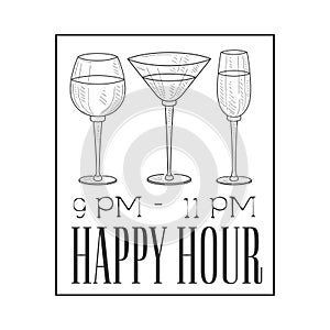 Bar Happy Hour Promotion Sign Design Template Hand Drawn Hipster Sketch With Glasses In Square Frame