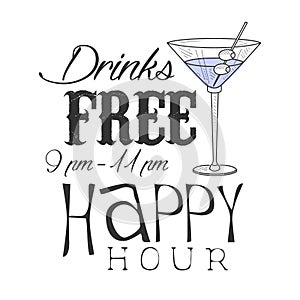 Bar Happy Hour Promotion Sign Design Template Hand Drawn Hipster Sketch With Martini Cocktail Glass