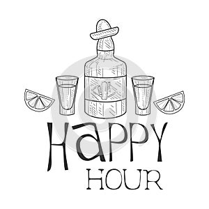 Bar Happy Hour Promotion Sign Design Template Hand Drawn Hipster Sketch With Tequila Bottle And Shot Glasses