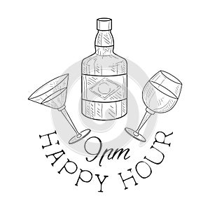 Bar Happy Hour Promotion Sign Design Template Hand Drawn Hipster Sketch With Whiskey Bottle, Martini And Wine Glasses