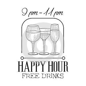 Bar Happy Hour Promotion Sign Design Template Hand Drawn Hipster Sketch With Wine And Cocktail Glasses