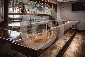 bar with high-polished stainless steel countertop and custom glassware