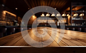 Bar interior background blurred, showcasing the top of a wooden table.