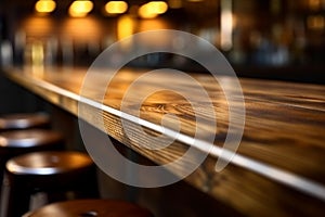 Bar interior background blurred, showcasing the top of a wooden table.