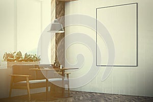 Bar interior gray sofas and poster toned