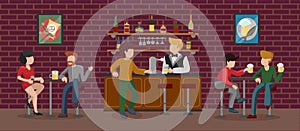 Bar interior room in building with brown brick wall. People having fun, sitting on high bar stools and drinking beer. The