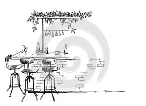 Bar interior sketch, bar stand vector drawing