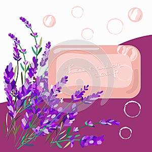 A bar of lavender-scented soap and flowers