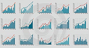 Bar and line graphs display various financial and analytical data. Each graph features