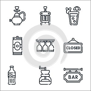 Bar line icons. linear set. quality vector line set such as bar, coffee grinder, soda, closed, glasses, beer can, cocktail,