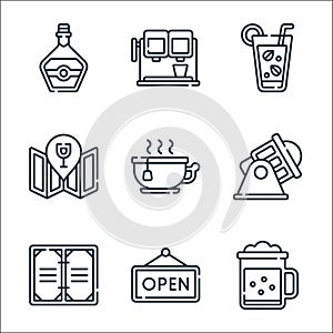 Bar line icons. linear set. quality vector line set such as beer mug, open, menu, spotlight, tea cup, placeholder, mojito, drink
