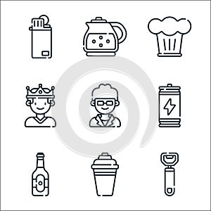 bar line icons. linear set. quality vector line set such as bottle opener, cocktail shaker, beer bottle, energy drink, doorman,