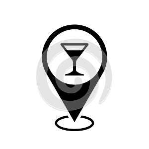 bar location map pointer, cocktail icon with location pin, black symbol isolated on white background, vector marker