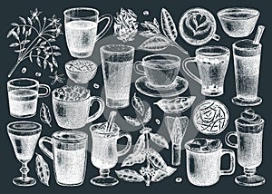 Bar menu design elements. Vector collection hot drinks on chalkboard. Hand-sketched tea, mulled wine, coffee, hot chocolate and