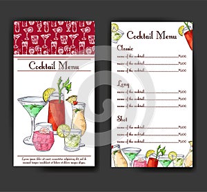 Bar menu design. Template for cocktail drinks. Brochure with hand drawn elements. Vector illustration