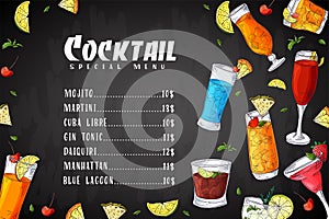 Bar menu design. Template for cocktail drinks. Brochure with hand drawn elements. Vector illustration