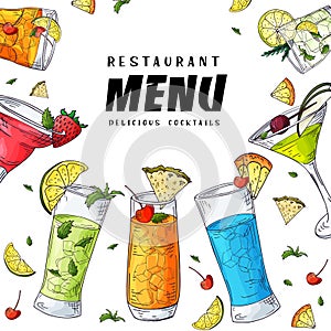 Bar menu design. Template for cocktail drinks. Brochure with hand drawn elements. Vector illustration