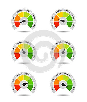 Bar of meter with progress level from red to green. Measure ruler diagram of rating. Scale speedometer with low and high level.