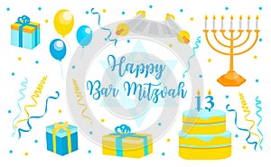 Bar Mitzvah invitation or congratulation card, banner. jewish holiday, 13 year old boy`s birthday vector illustration