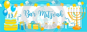 Bar Mitzvah invitation or congratulation card. jewish holiday, 13 year old boy`s birthday vector illustration