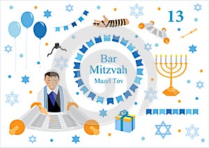 Bar mitzvah set of flat style icons. Collection of elements for congratulation or invitation card, banner, with Jewish boy,