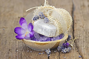 Bar of natural soap, bath salt, dried lavender and crocus