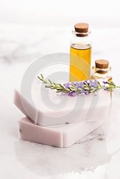 Bar of natural soap with fresh lavender and essential oil