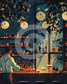 Bar night scene featuring a mixologist preparing drinks, with art deco design elements, dim lighting, and a relaxed photo