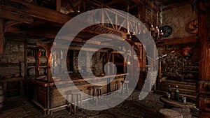 The bar in an old medieval inn or tavern with decorative shields on the wall and staircase in the background. 3D rendering