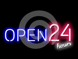 Bar Open 24 hours blue, red and white glowing neon light signboard on dark textured background