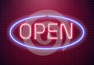 Bar open light Neon Sign. Night store red glowing letters . Open 24 hours sign