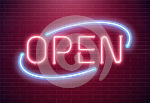 Bar open light Neon Sign. Night store red glowing letters . Open 24 hours sign