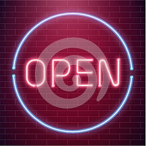 Bar open light Neon Sign. Night store red glowing letters . Open 24 hours sign