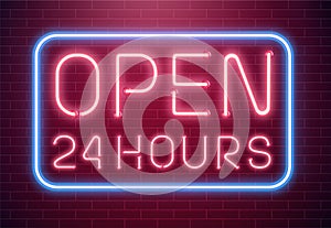 Bar open light Neon Sign. Night store red glowing letters . Open 24 hours sign