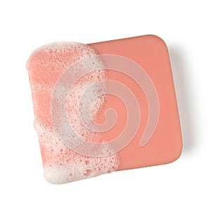 A bar of pink soap with foam. Full depth of field.