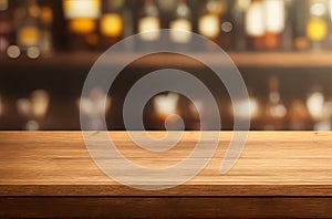 Bar or Pub Ambiance: Empty Wooden Table with Blurred Background.