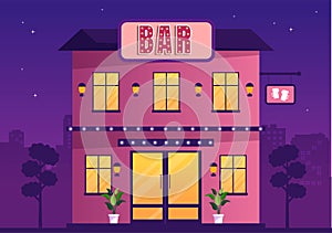 Bar or Pub Building with View at Night of Cafe Exterior in Flat Cartoon Illustration