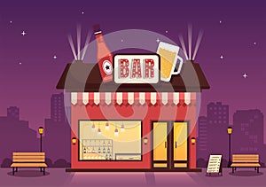 Bar or Pub Building with View at Night of Cafe Exterior in Flat Cartoon Illustration