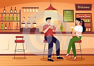 Bar or Pub at Evening with Alcohol Drinks Bottles, Bartender, Table, Interior and Chairs in Indoor Room in Illustration