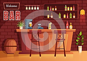 Bar or Pub at Evening with Alcohol Drinks Bottles, Bartender, Table, Interior and Chairs in Indoor Room in Illustration