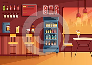 Bar or Pub at Evening with Alcohol Drinks Bottles, Bartender, Table, Interior and Chairs in Indoor Room in Illustration